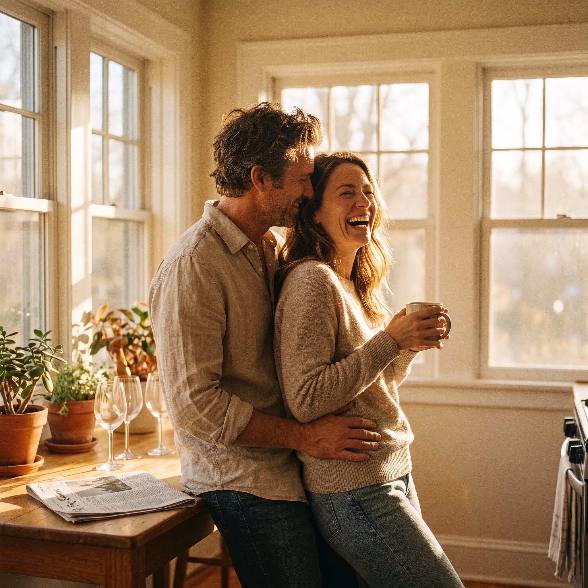 Couple laughing together in a sunlit kitchen