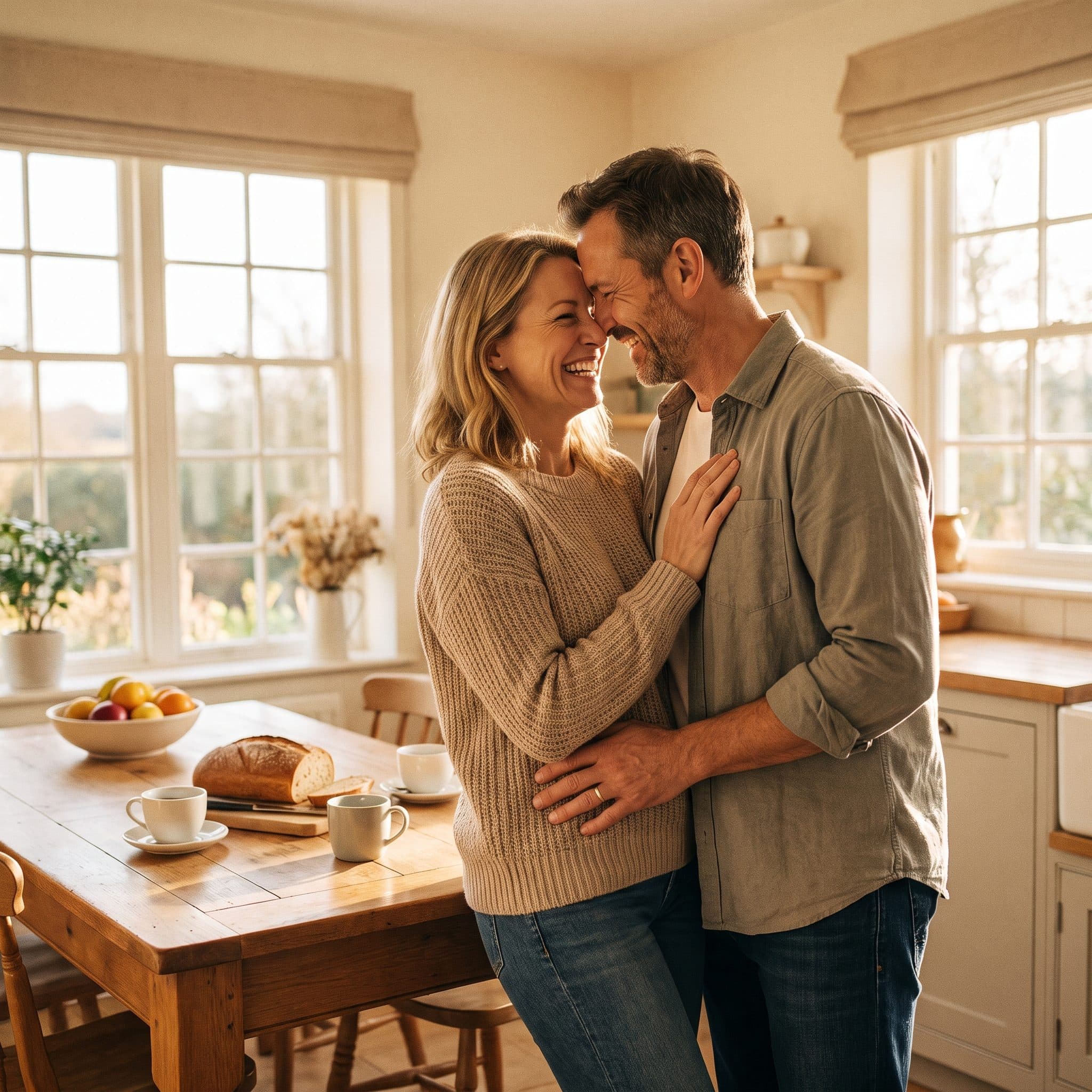 Confident couple laughing together at home