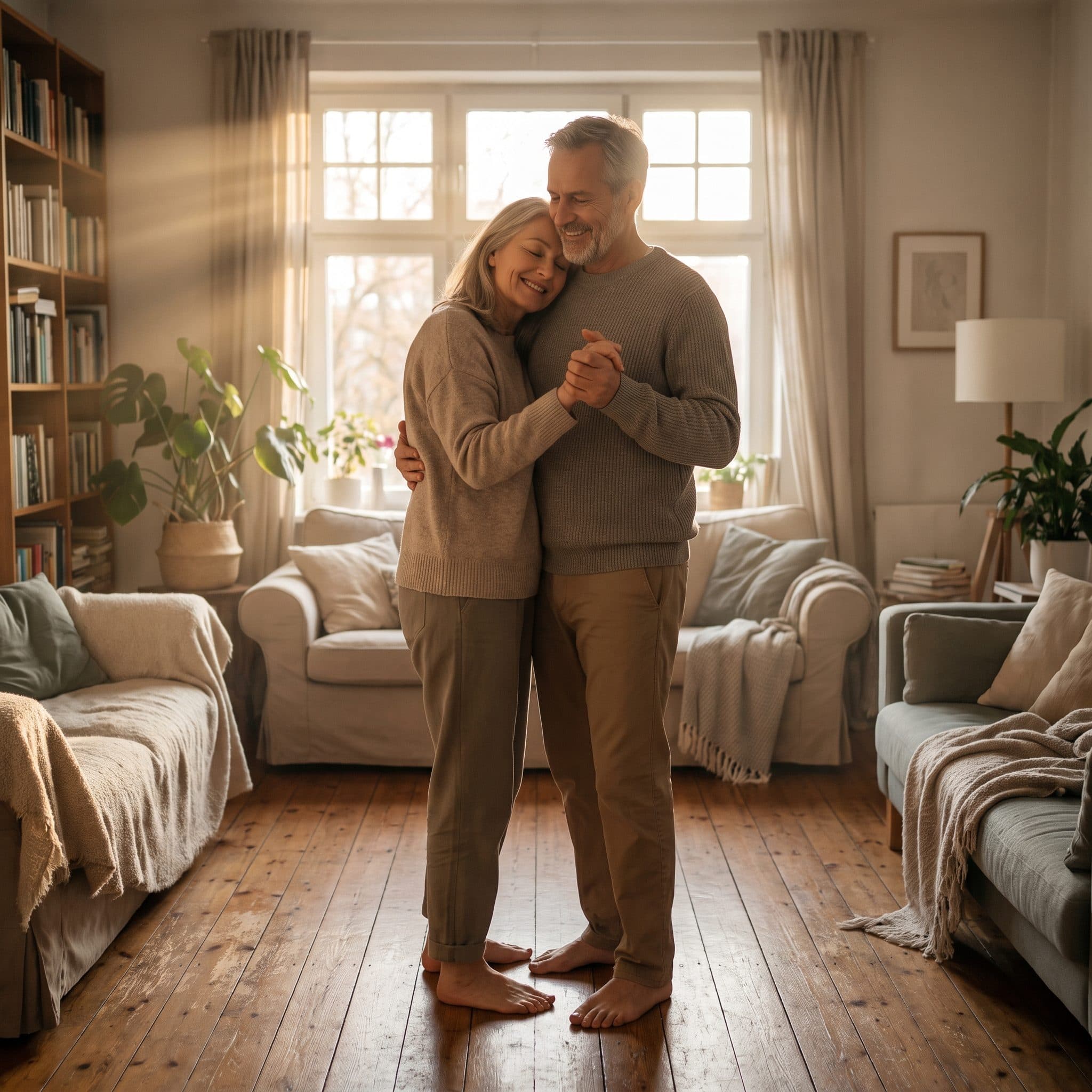 Couple slow-dancing together at home